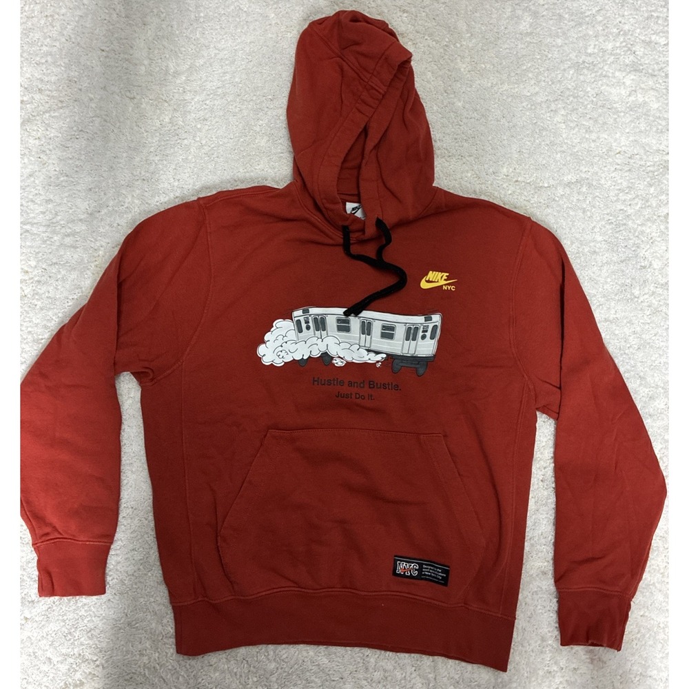 Nike Hoodie Mens M Orange NYC Hustle and Bustle Just Do It Graphic Fleece